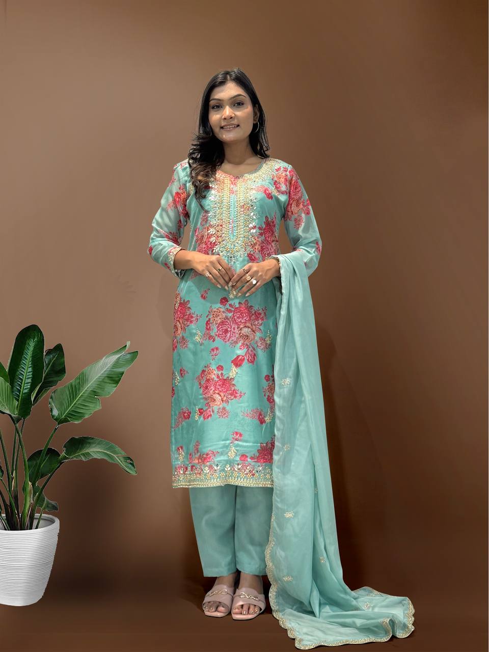 Ready to Wear Designer Suit in Kundan Organza with Hand Mirror and Stone Embroidery