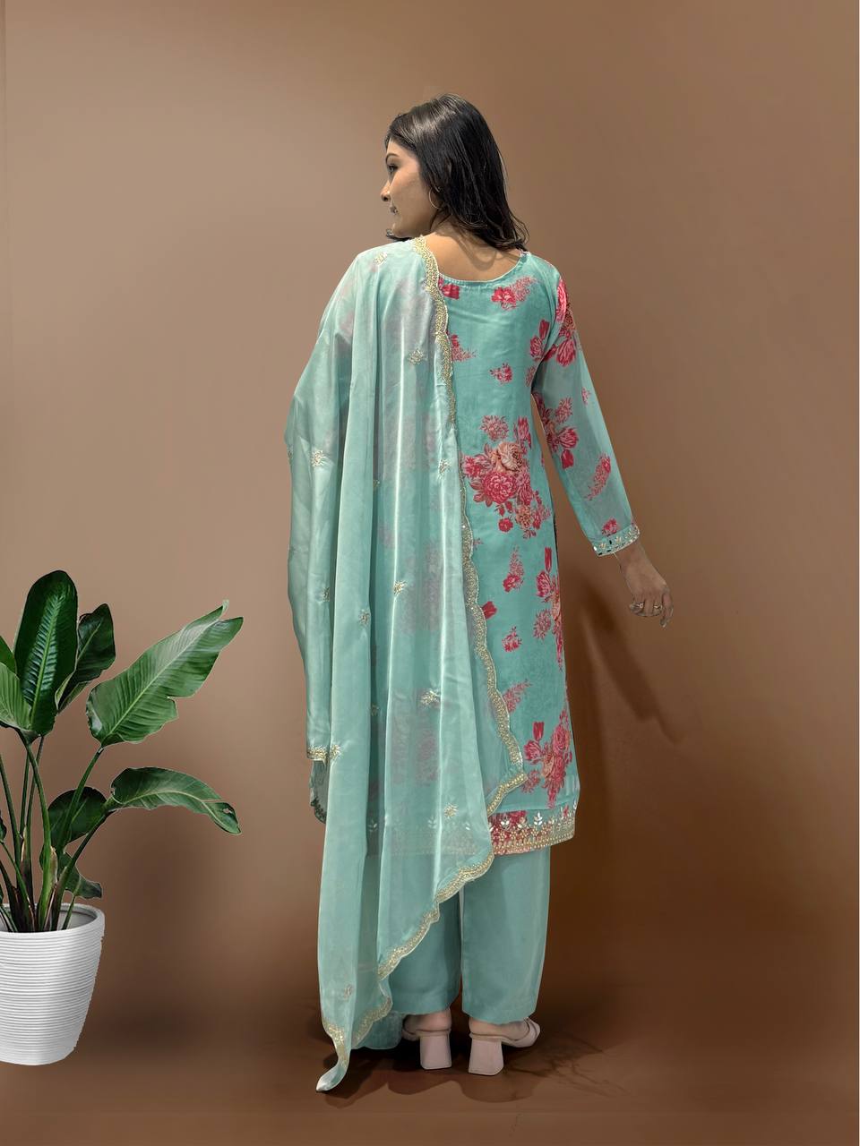 Ready to Wear Designer Suit in Kundan Organza with Hand Mirror and Stone Embroidery