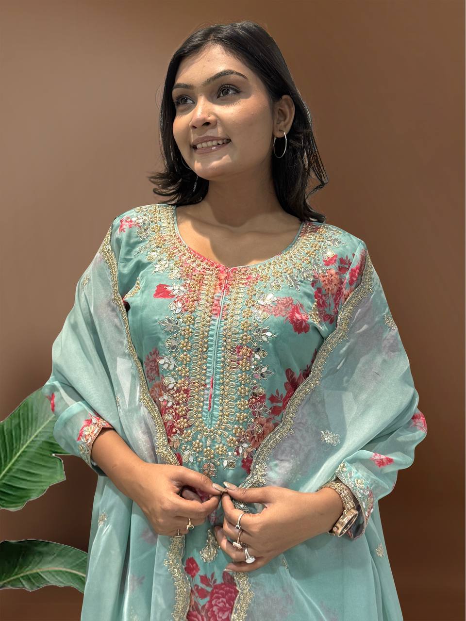 Ready to Wear Designer Suit in Kundan Organza with Hand Mirror and Stone Embroidery
