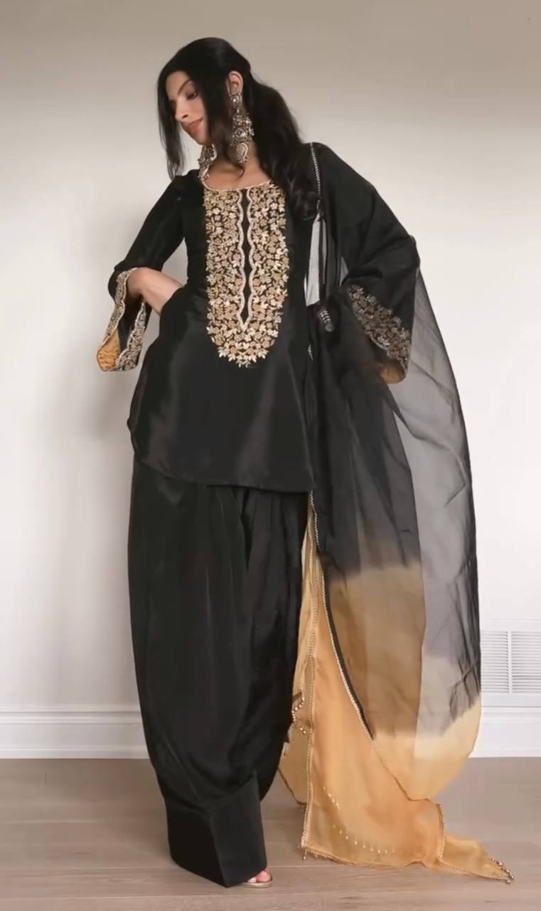 Exclusive Party Wear Satin Outfit with Sequin Embroidery and Farshi Palazzo