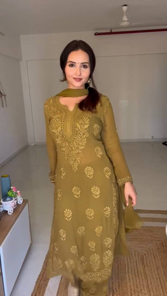 Stylish Faux Georgette 3-Piece Set with Thread Embroidery and Matching Dupatta