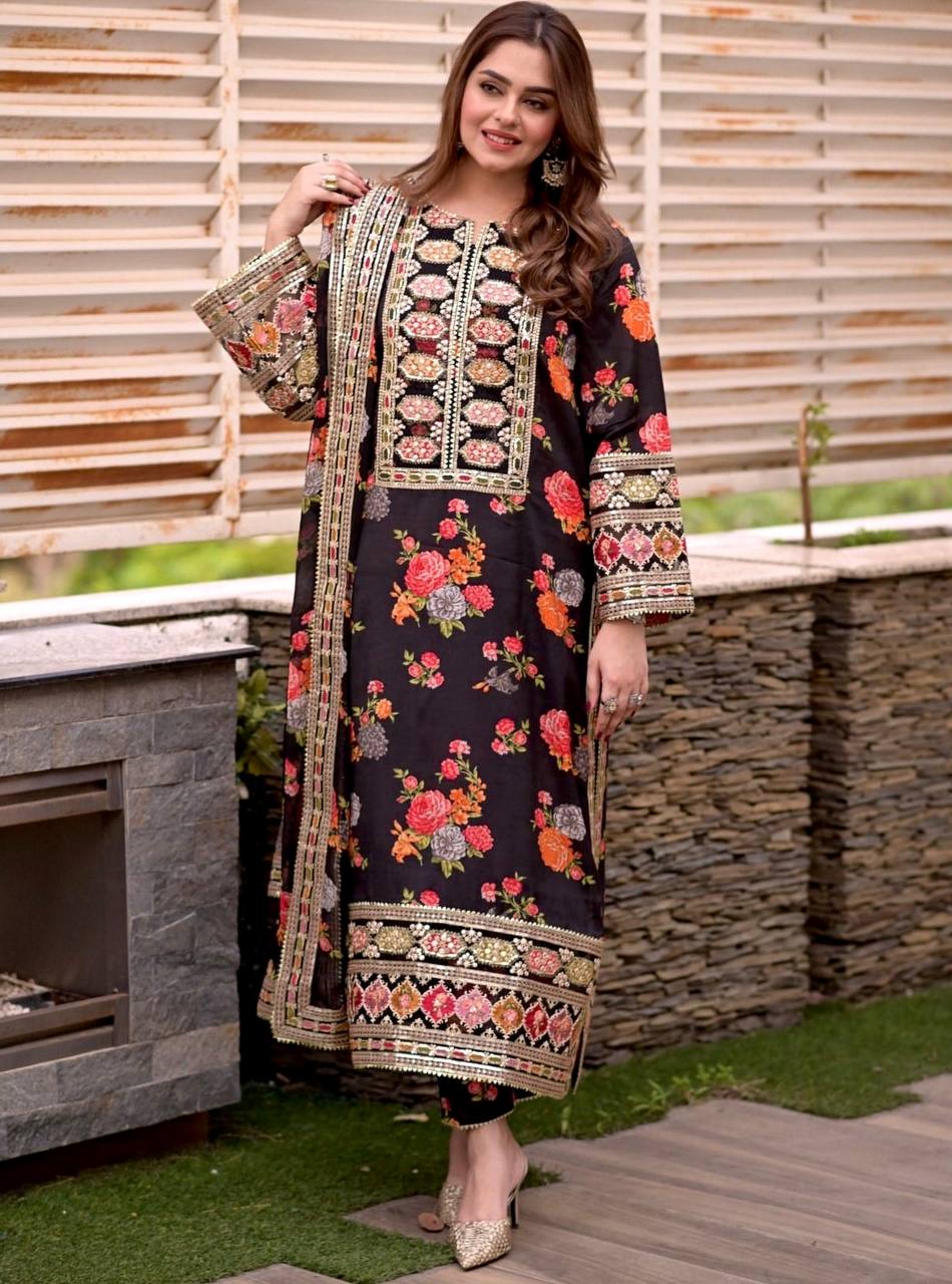 Premium Heavy Chinon Silk Outfit with Organza Embroidery and Patch Work