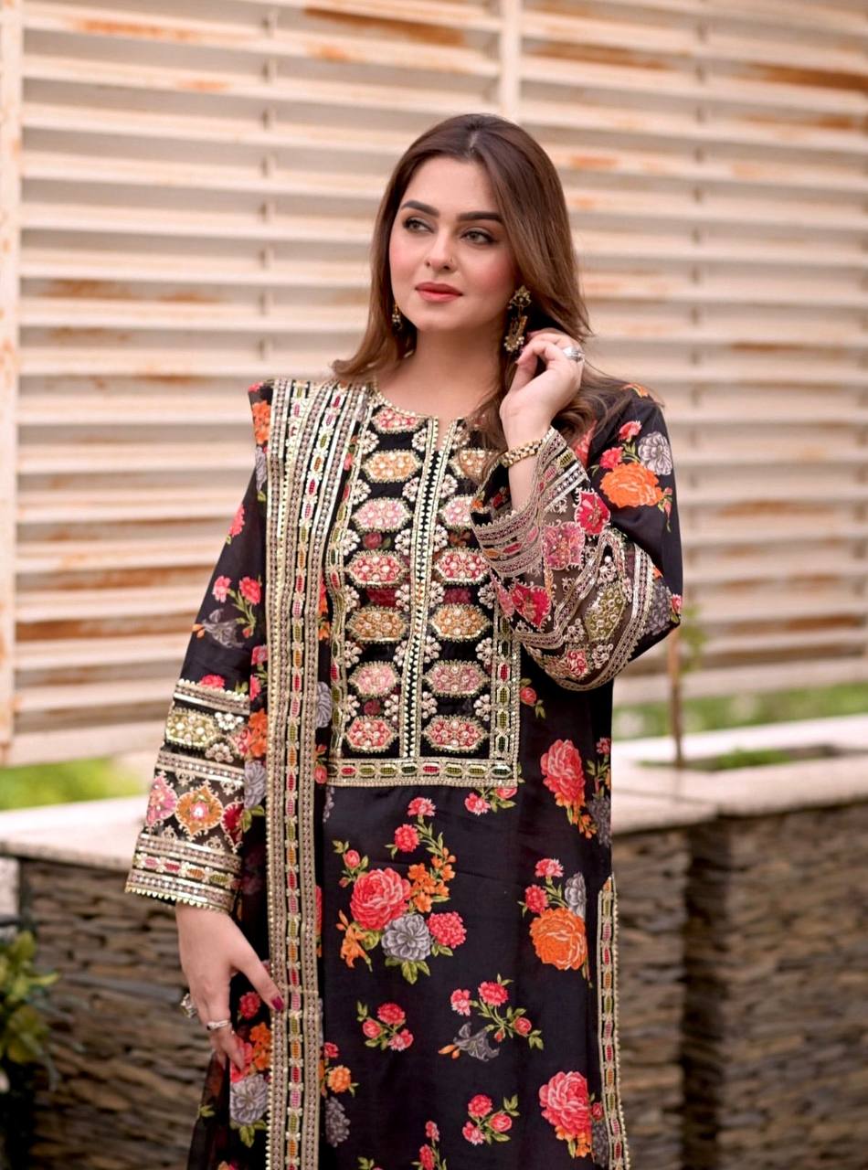Premium Heavy Chinon Silk Outfit with Organza Embroidery and Patch Work