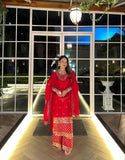 Elegant Chinon Silk Sharara Suit with Delicate Embroidery, Sequins and Matching Dupatta