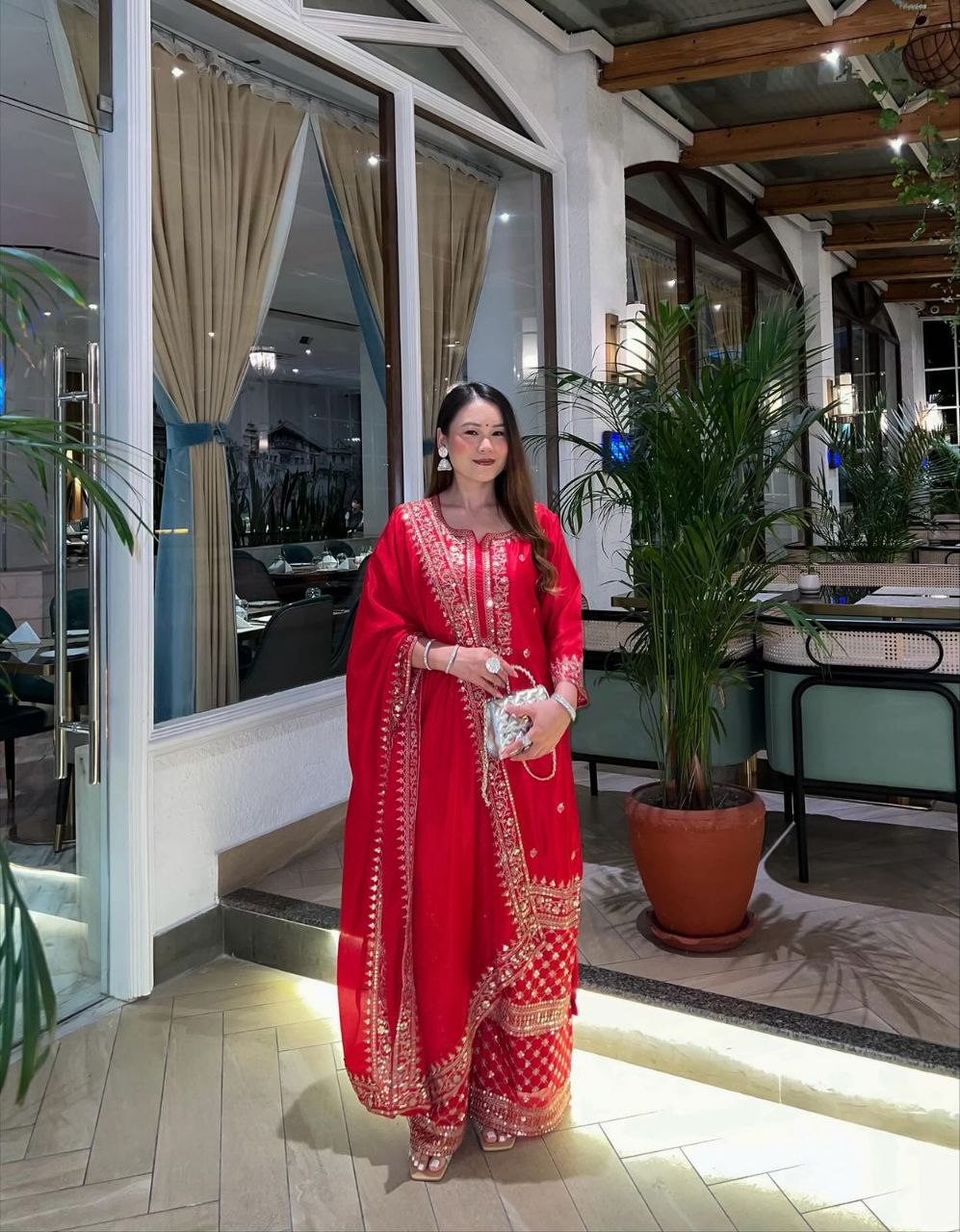 Elegant Chinon Silk Sharara Suit with Delicate Embroidery, Sequins and Matching Dupatta
