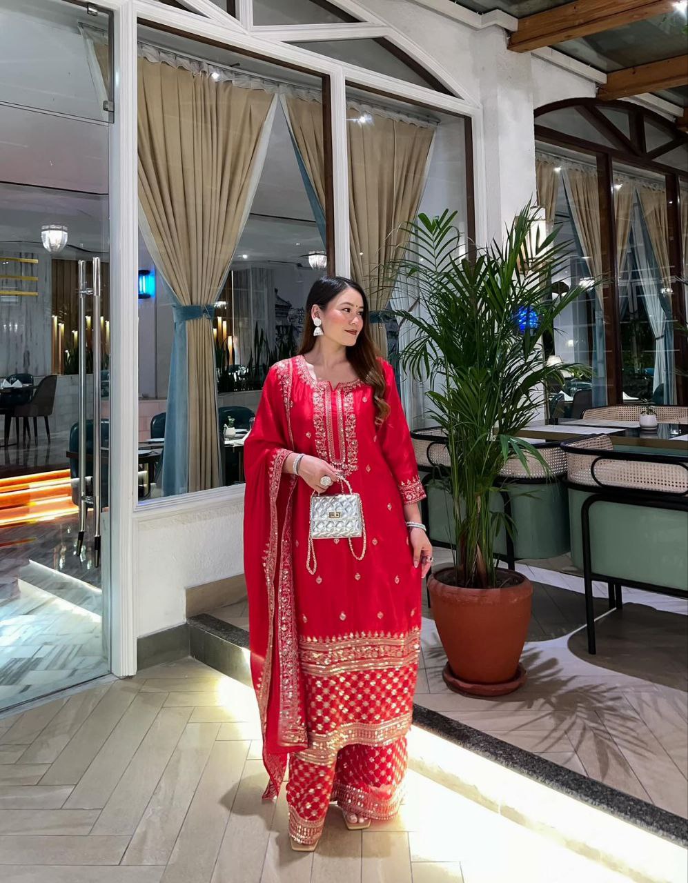 Elegant Chinon Silk Sharara Suit with Delicate Embroidery, Sequins and Matching Dupatta