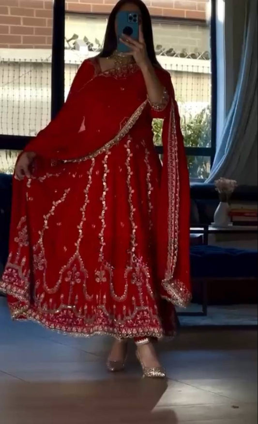 Exclusive Designer Anarkali Outfit in Heavy Natural Crepe Featuring Full Sleeve Detailing