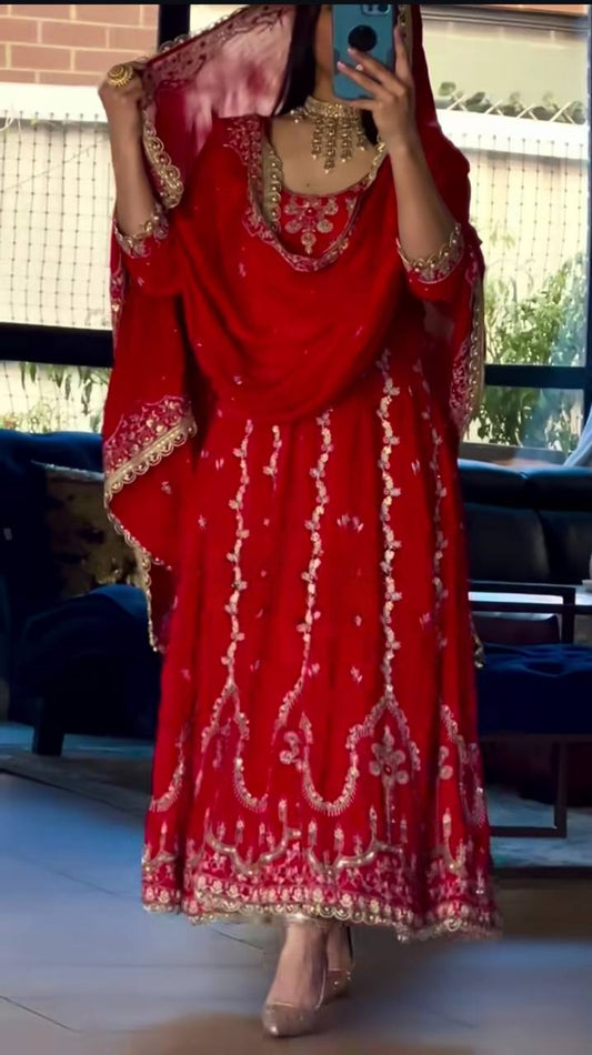 Exclusive Designer Anarkali Outfit in Heavy Natural Crepe Featuring Full Sleeve Detailing