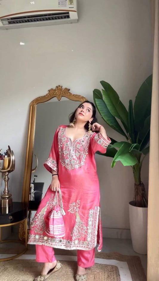 Effortless Charm Pink Roman Silk 3 Piece Sharara Set with Soft Cotton Lining