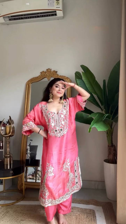Effortless Charm Pink Roman Silk 3 Piece Sharara Set with Soft Cotton Lining