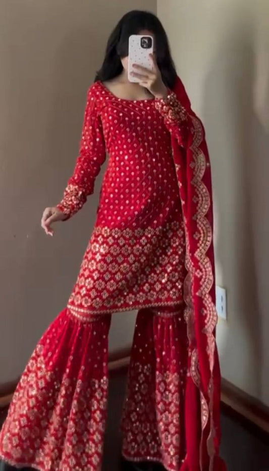 Red Elegance Faux Georgette 3 Piece Sharara Set with Dupatta and Micro Cotton Lining
