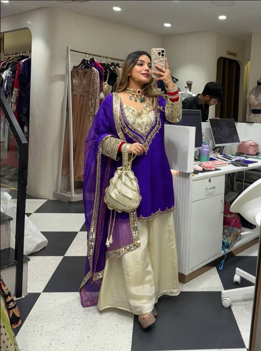 Elegant Party Wear Ensemble in Natural Crepe with Embroidery & Mirror Detailing