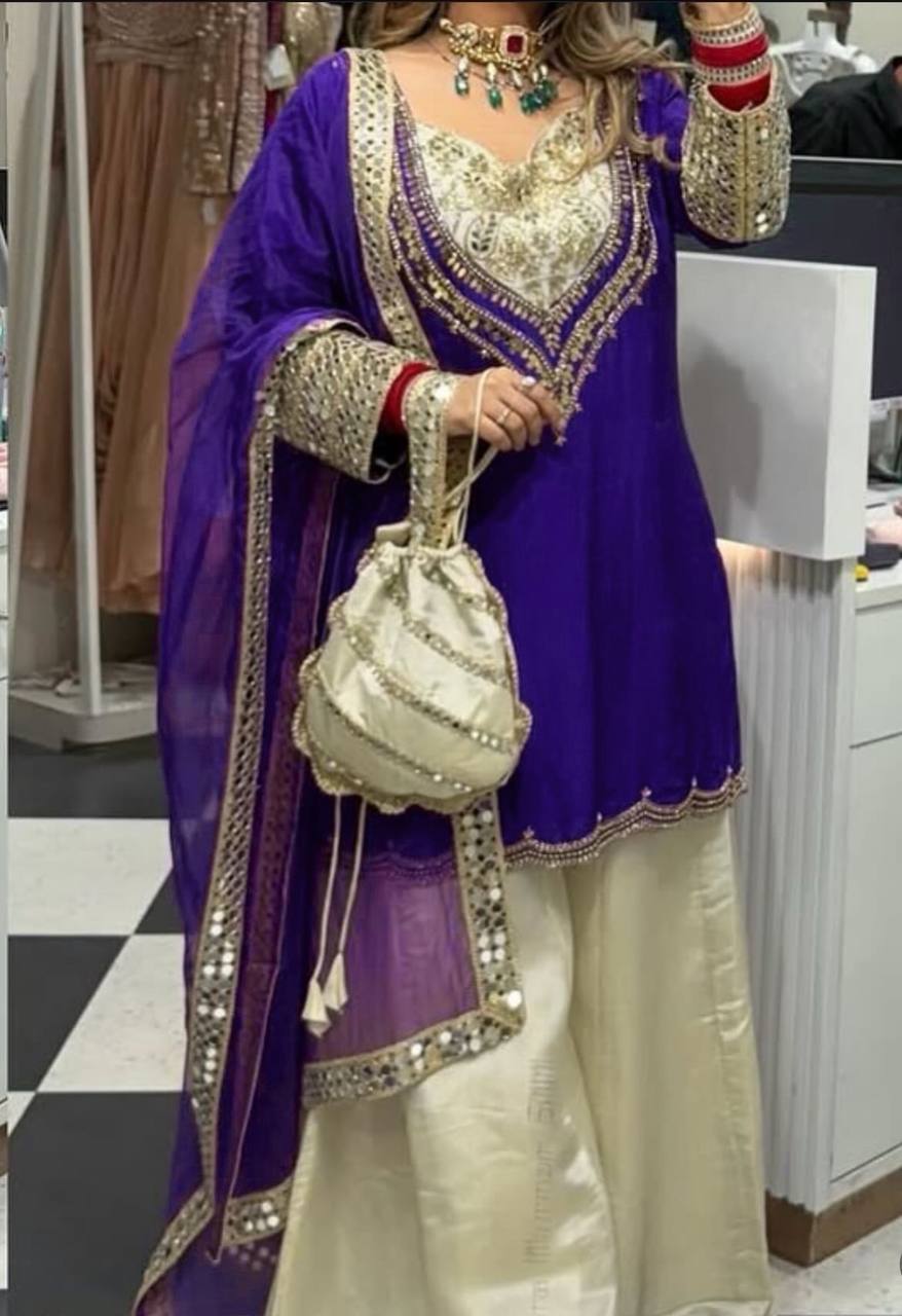 Elegant Party Wear Ensemble in Natural Crepe with Embroidery & Mirror Detailing
