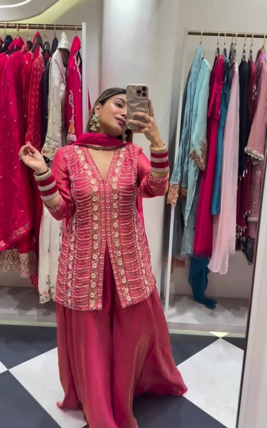 Exclusive Simar Silk Designer Outfit Showcasing Intricate Hand Embroidery and Tabby Silk Dupatta