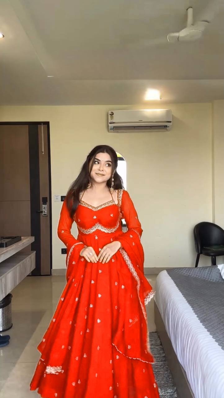 New Designer Party Wear Red Faux Georgette Gown with Heavy Embroidery Work