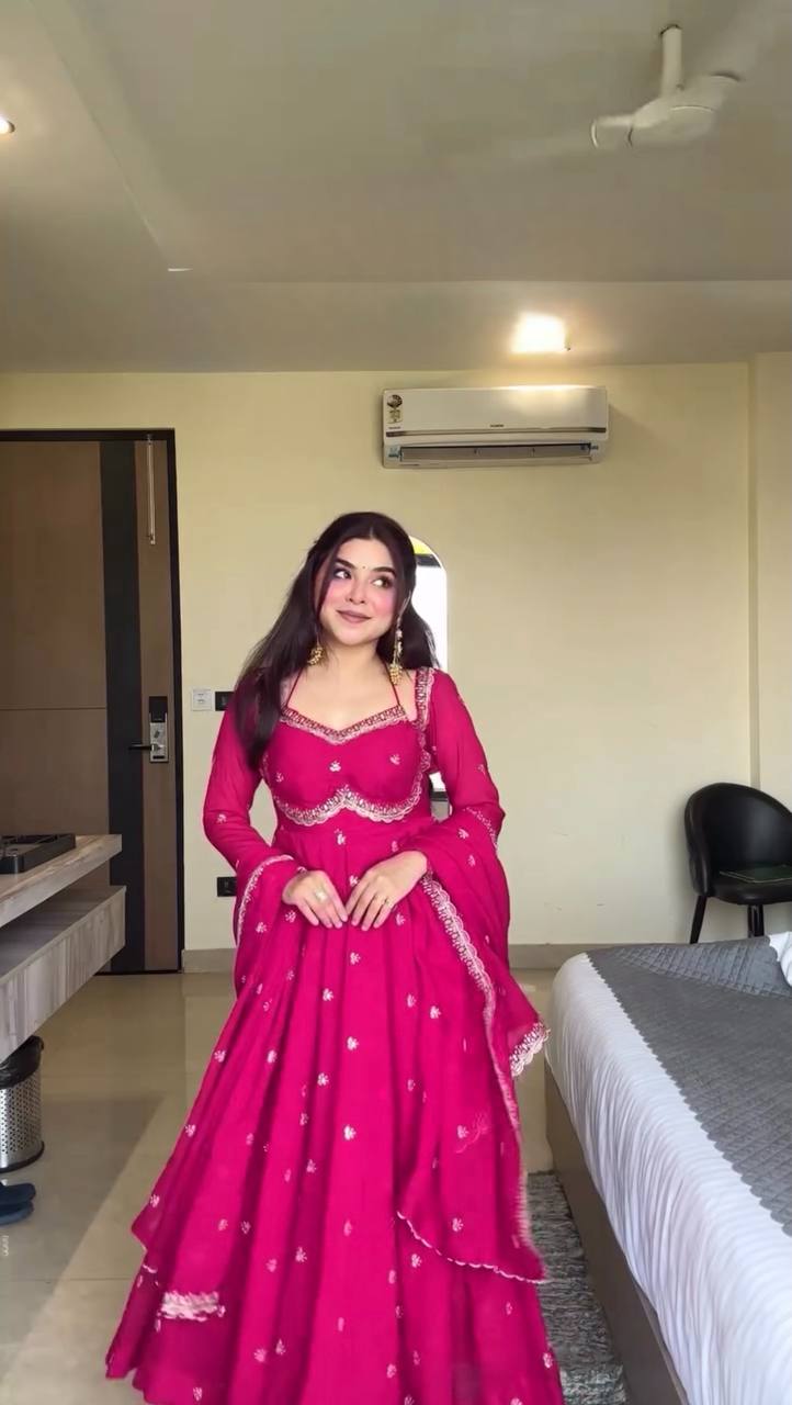 New Designer Party Wear Red Faux Georgette Gown with Heavy Embroidery Work