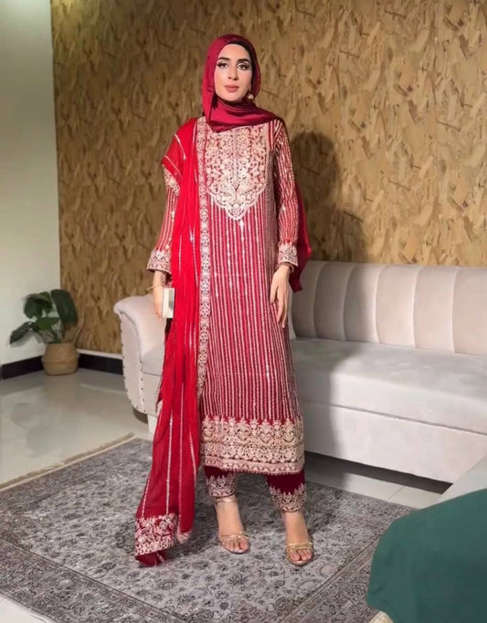 Elegant Heavy Fox Georgette Embroidered Top with Micro Cotton Palazzo and Dupatta