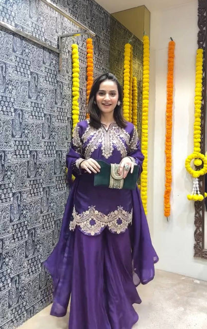 Purple Color Designer Palazzo Suit With Dupatta in Chinon With Sequence Embroidery