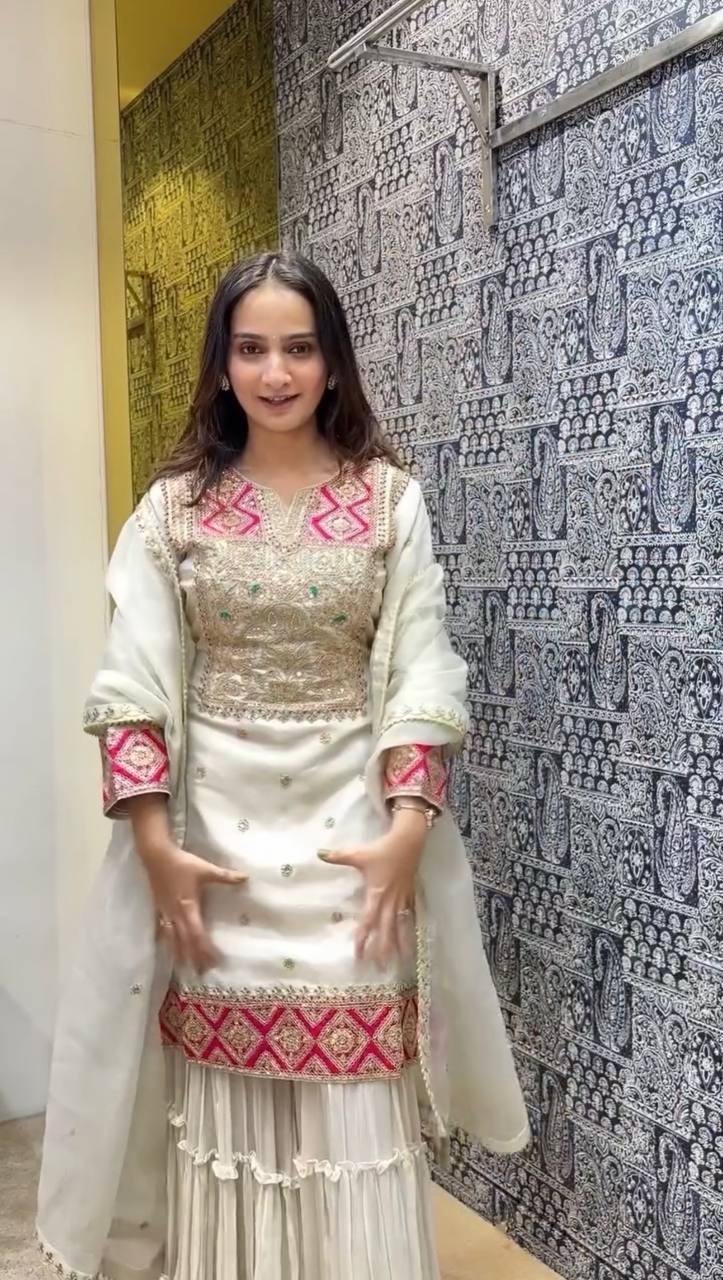 Off White Premium Designer Readymade Top Sharara Plazzo & Dupatta
