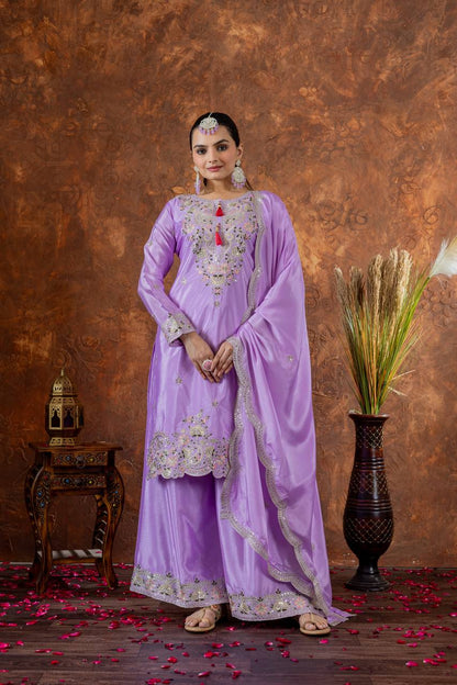 Party Wear Look Pur Chinon Silk Top Plazzo & Dupatta Set
