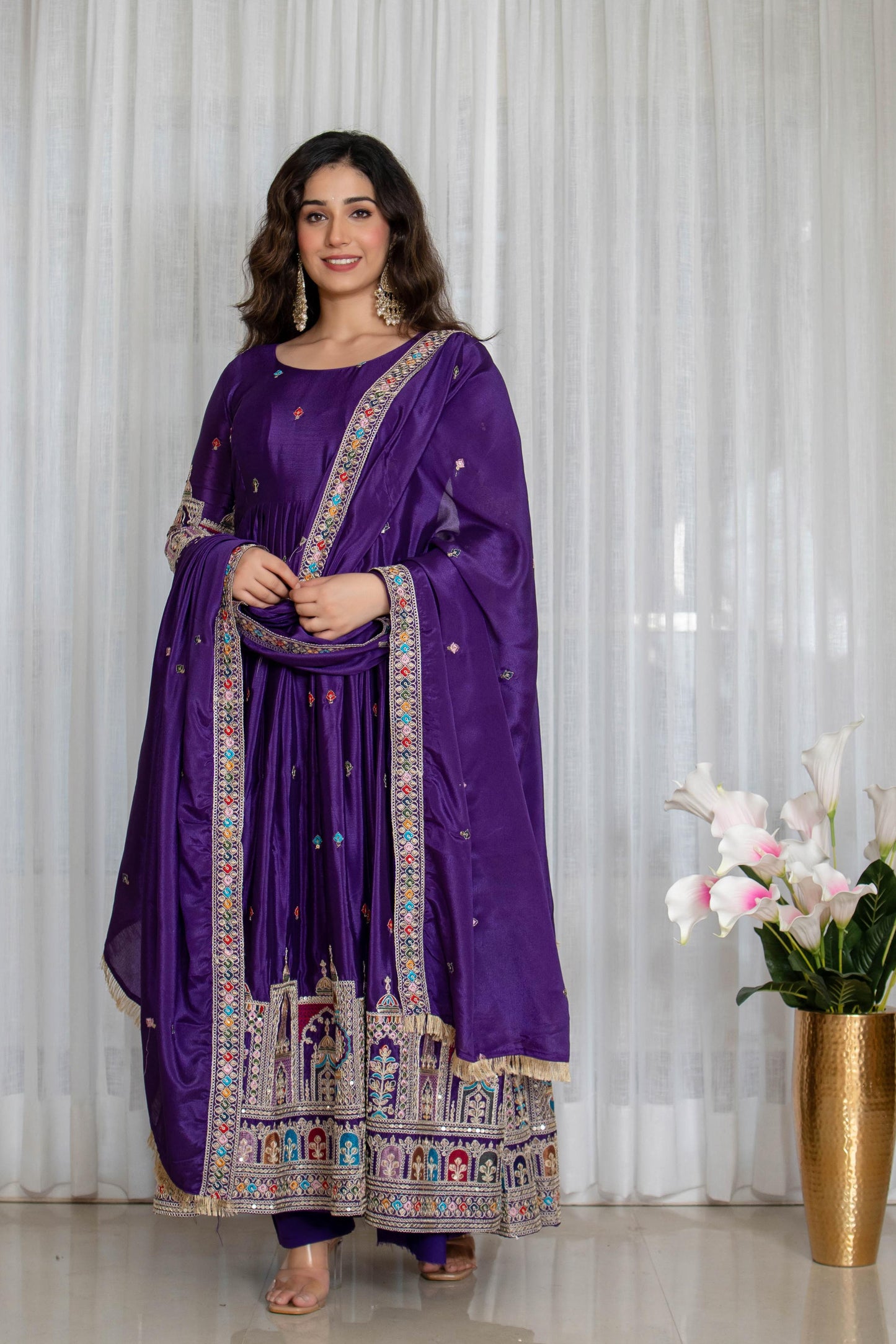New Collection Pure Chinon Silk Gown-Pant Set with Dupatta and Heavy Embroidery