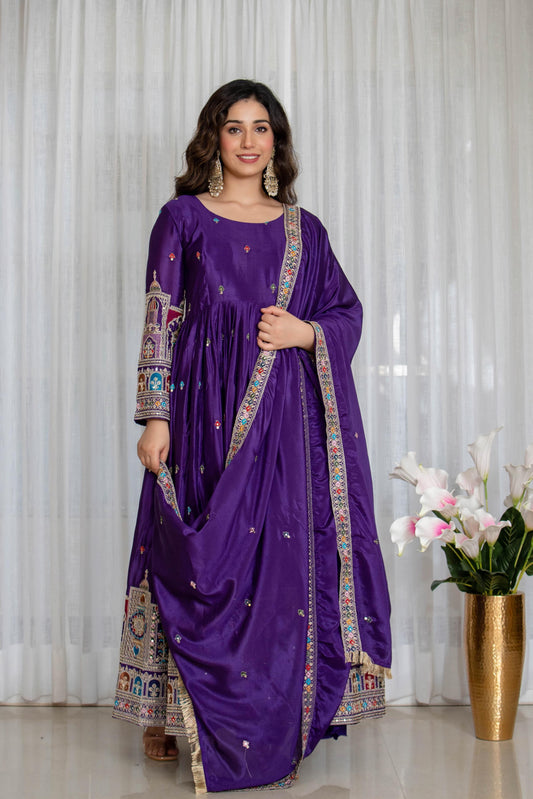 New Collection Pure Chinon Silk Gown-Pant Set with Dupatta and Heavy Embroidery