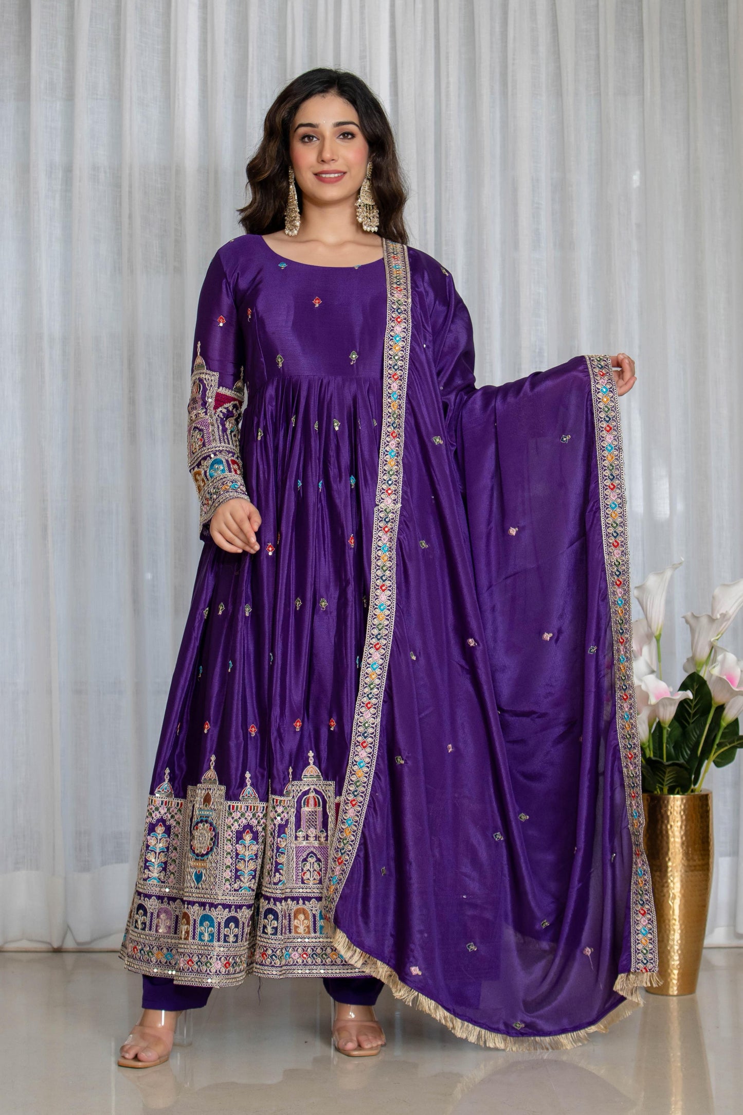 New Collection Pure Chinon Silk Gown-Pant Set with Dupatta and Heavy Embroidery