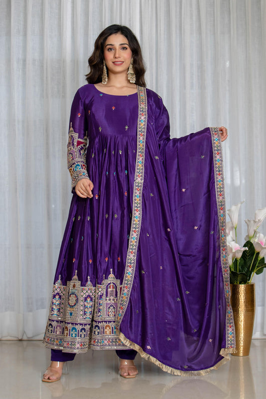 New Collection Pure Chinon Silk Gown-Pant Set with Dupatta and Heavy Embroidery