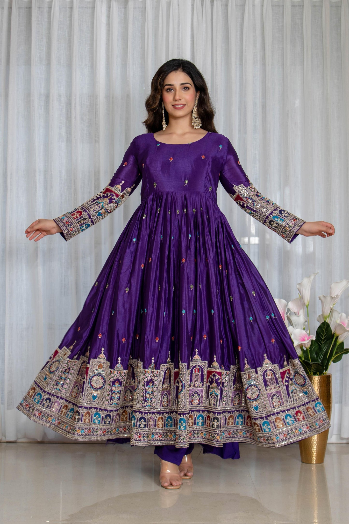 New Collection Pure Chinon Silk Gown-Pant Set with Dupatta and Heavy Embroidery