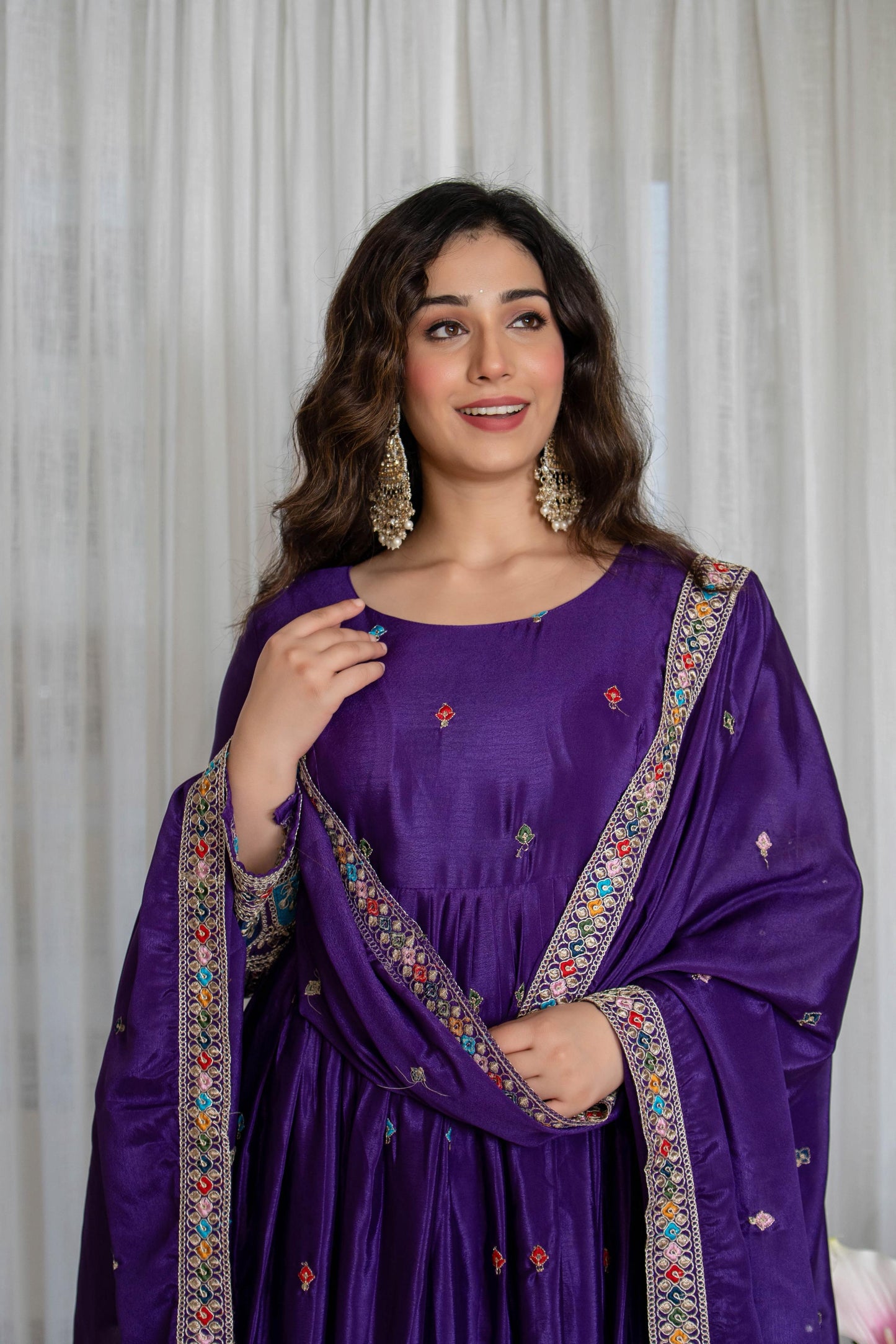 New Collection Pure Chinon Silk Gown-Pant Set with Dupatta and Heavy Embroidery