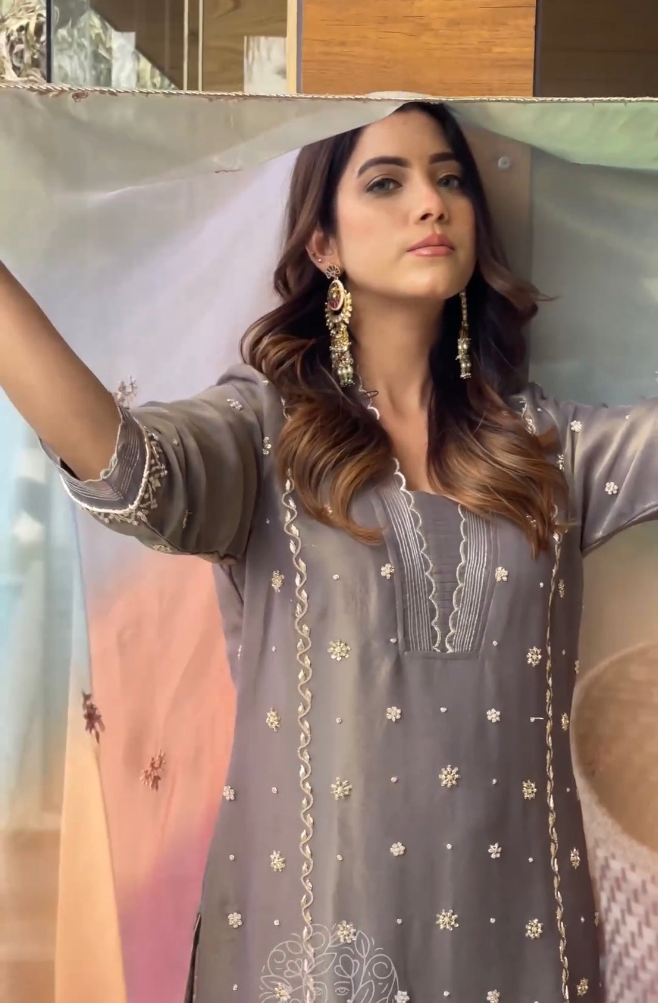 Embroidered Pure Shimmer Organza Shirt & Ombré Dupatta with Pure Crepe Bottoms