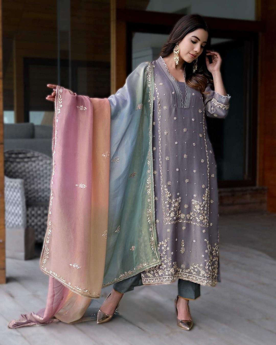 Embroidered Pure Shimmer Organza Shirt & Ombré Dupatta with Pure Crepe Bottoms