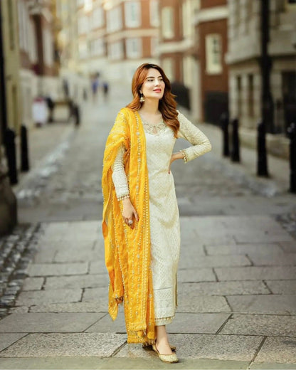 WHITE GEORGETTE EMBROIDERY SEQUENCE SALWAR SUIT