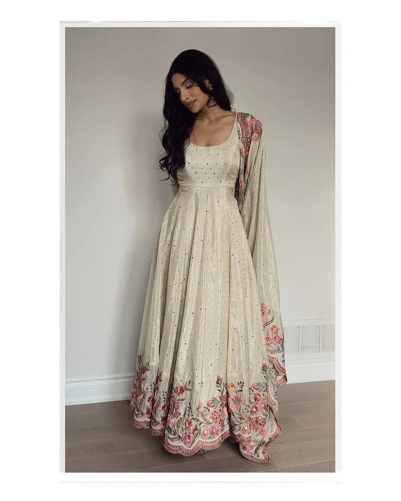 Elegant Fully Stitched Gown Ensemble with Heavy Embroidery and Butter Silk Pant