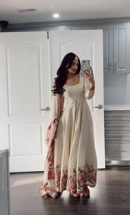 Elegant Fully Stitched Gown Ensemble with Heavy Embroidery and Butter Silk Pant
