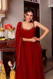Handcrafted Gown and Pant Set with Micro Inner and Lace-Bordered Dupatta in Faux Georgette