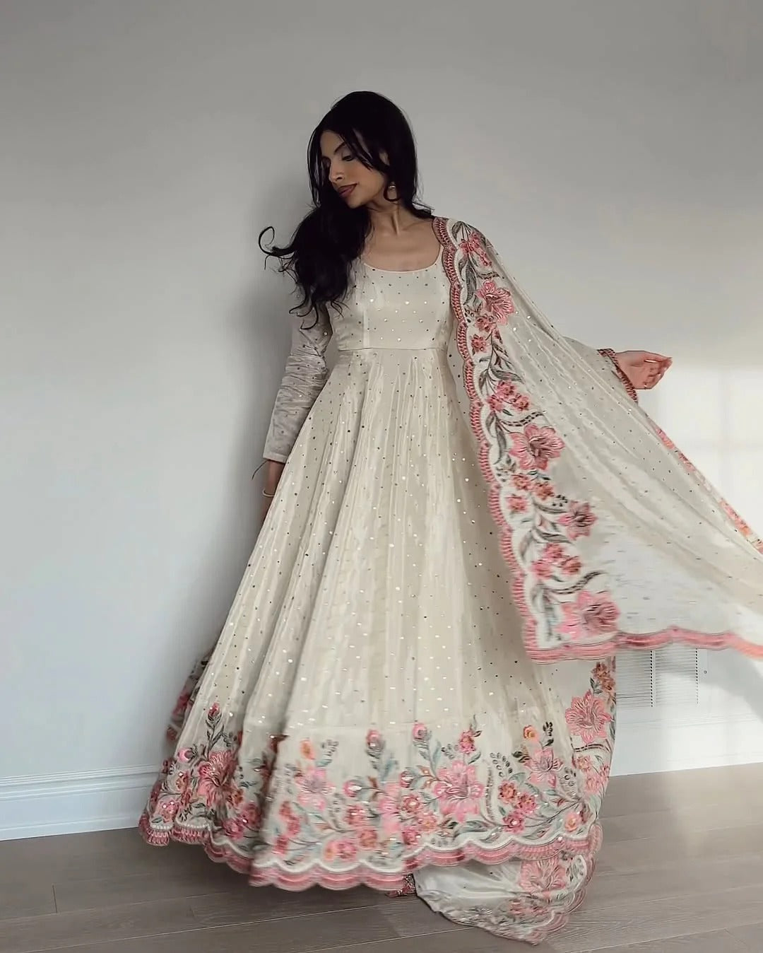 Elegant Fully Stitched Gown Ensemble with Heavy Embroidery and Butter Silk Pant