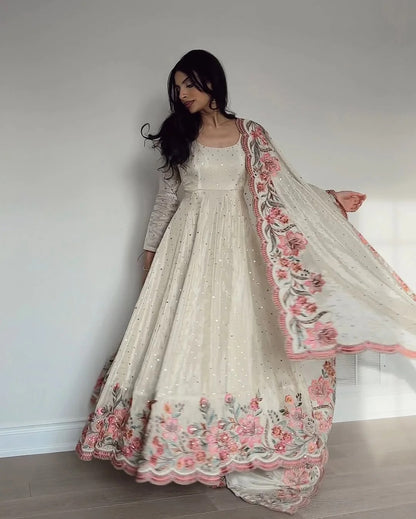 Elegant Fully Stitched Gown Ensemble with Heavy Embroidery and Butter Silk Pant