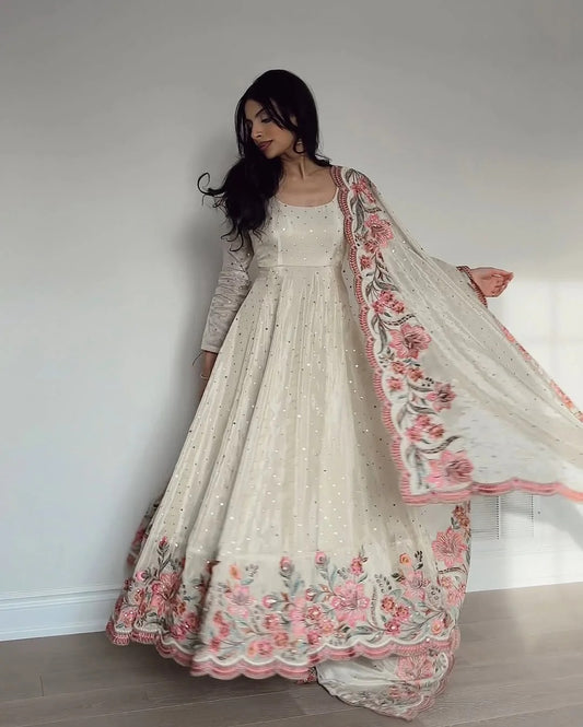 Elegant Fully Stitched Gown Ensemble with Heavy Embroidery and Butter Silk Pant