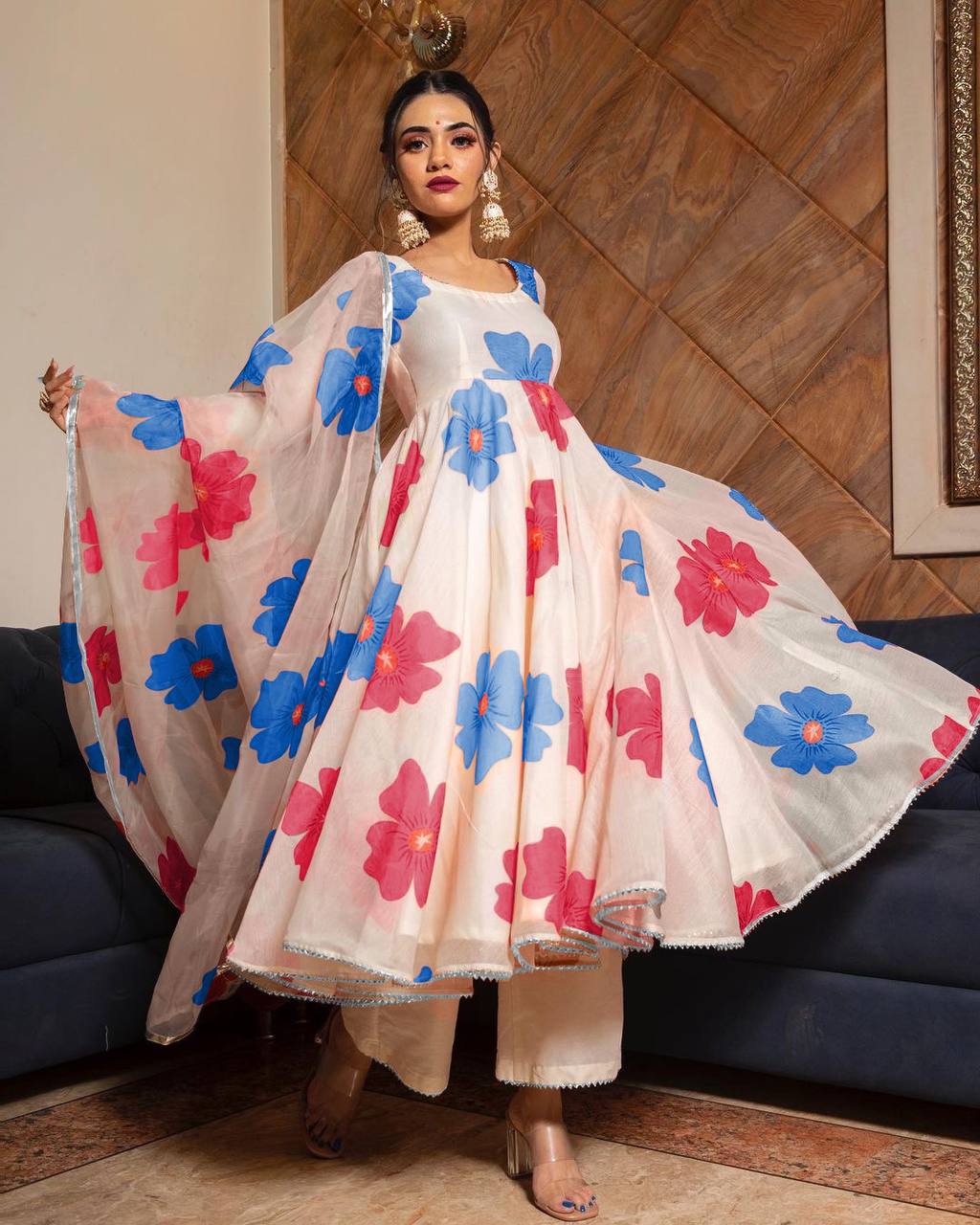 Trendy Designer Gown Set Featuring Fancy Digital Print with Pant and Dupatta