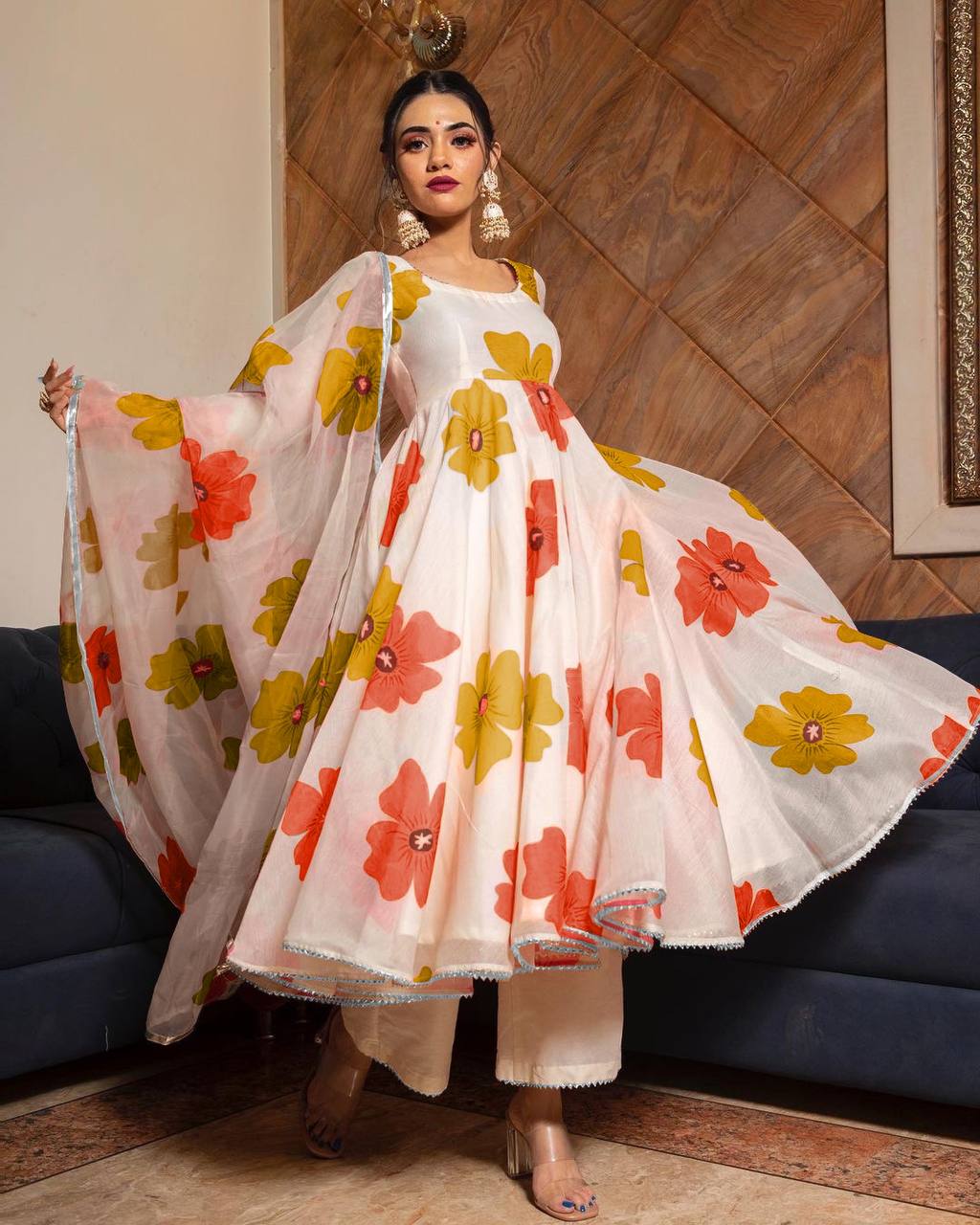 Trendy Designer Gown Set Featuring Fancy Digital Print with Pant and Dupatta