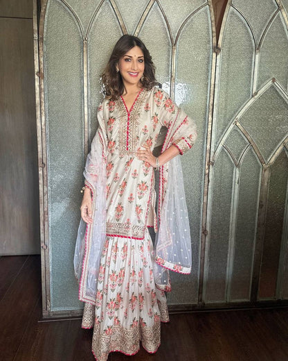 Premium Ready to Wear Chinon Silk Sharara Set with Embellished Dupatta