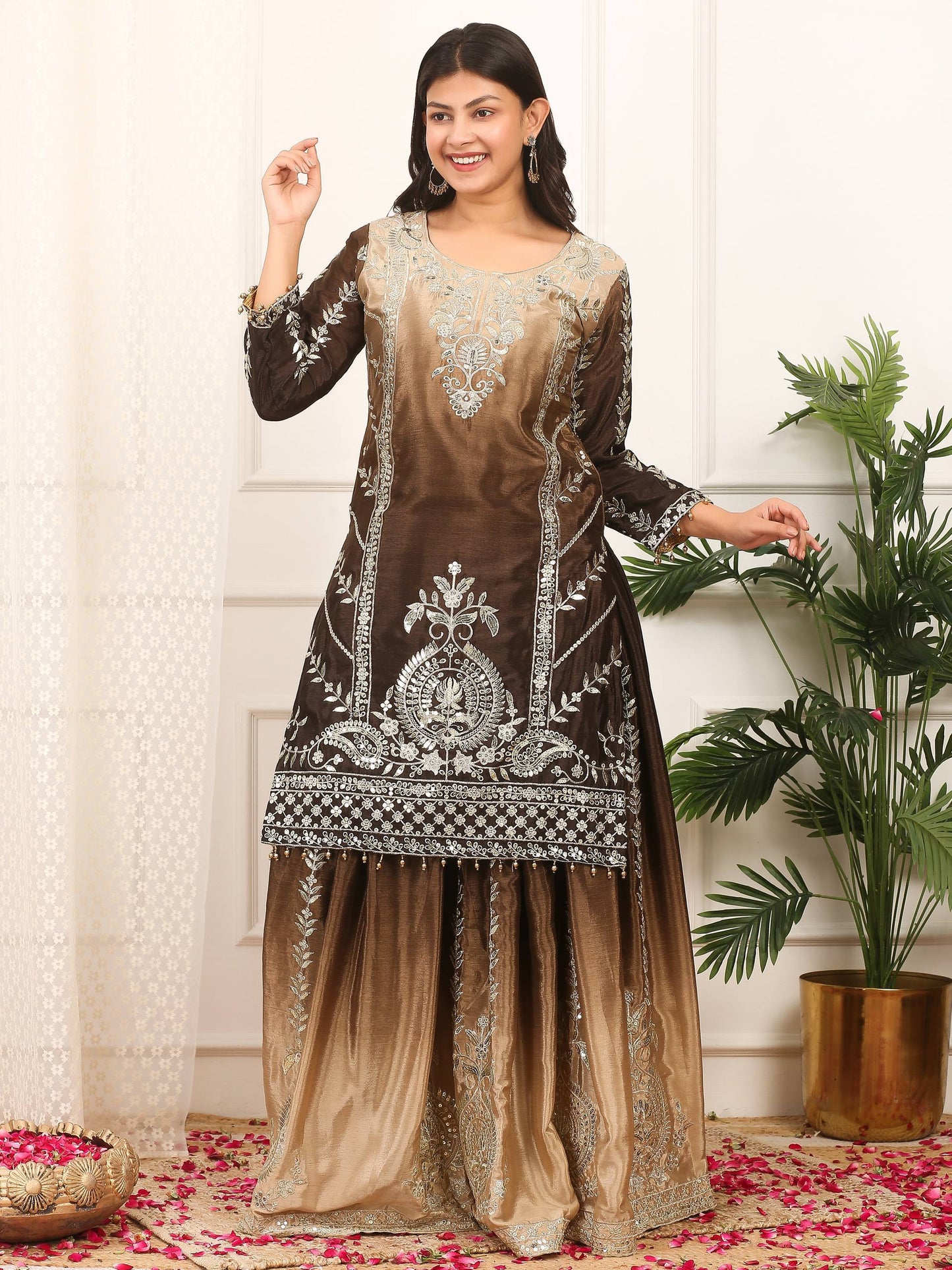 Exclusive Designer Collection Shaded Chinon Silk Top-Plazzo Set With Heavy Embroidery Detailing