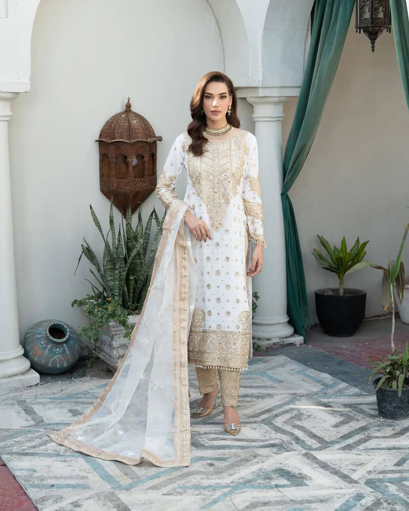 Designer White Embroidered Suit Set with Pant & Dupatta