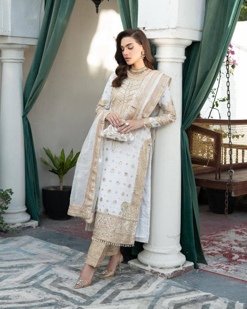 Designer White Embroidered Suit Set with Pant & Dupatta