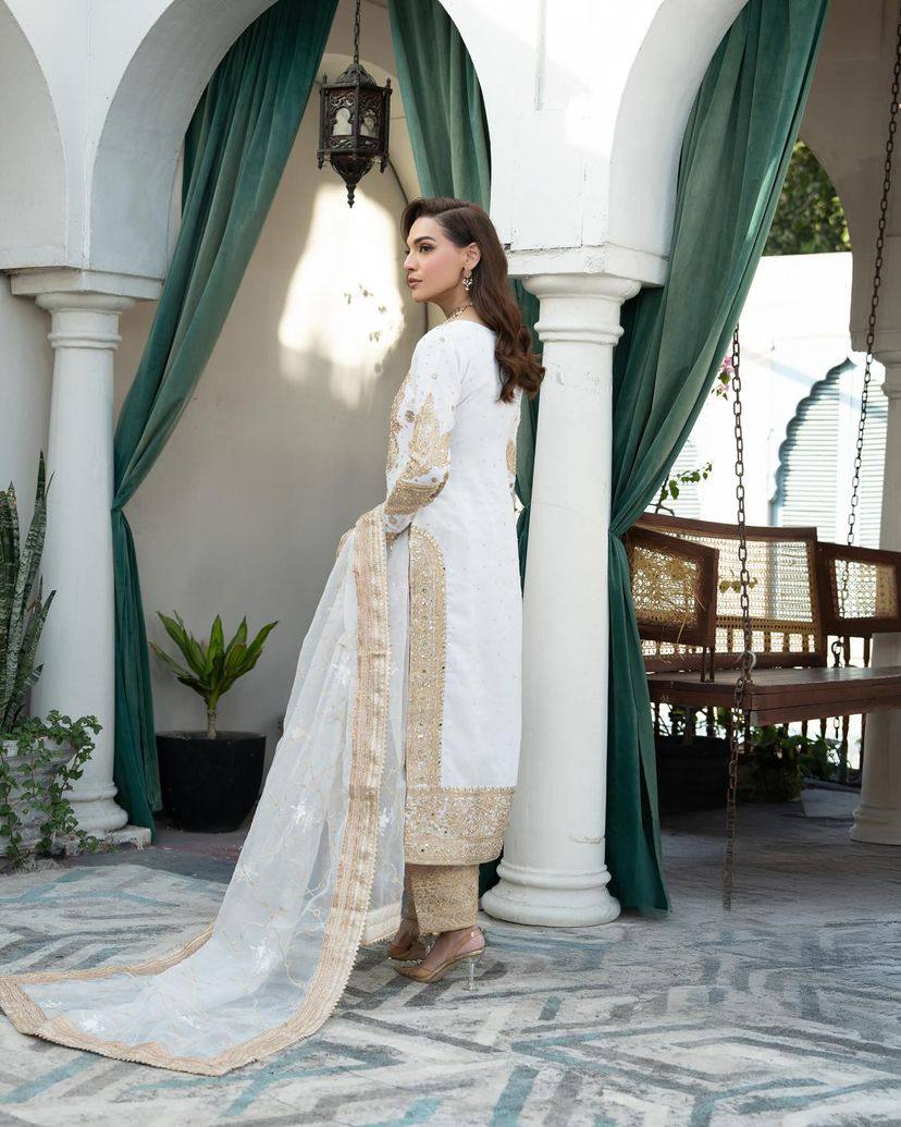 Designer White Embroidered Suit Set with Pant & Dupatta