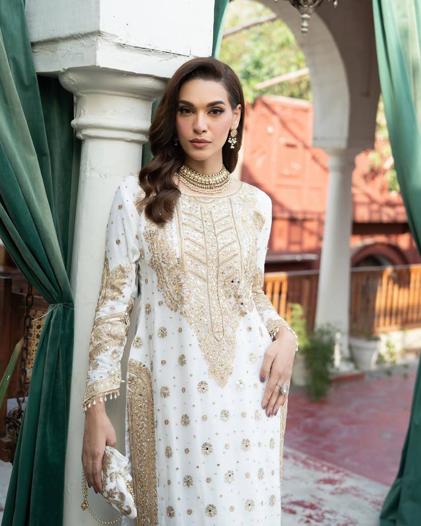 Designer White Embroidered Suit Set with Pant & Dupatta