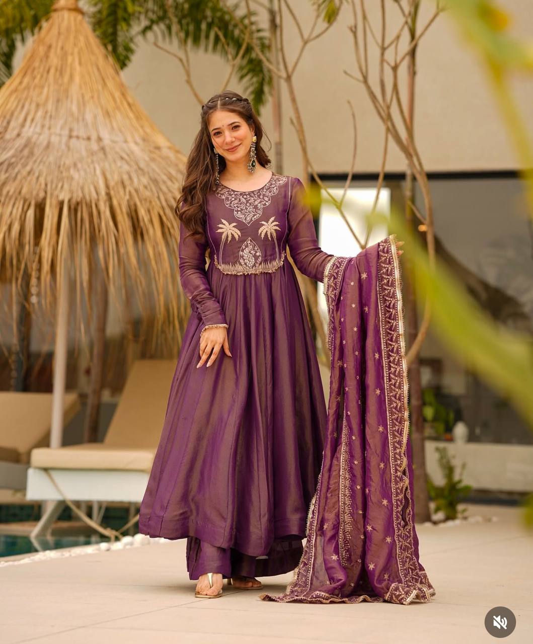 Luxury Partywear Gown with Palazzo & Embroidered Dupatta
