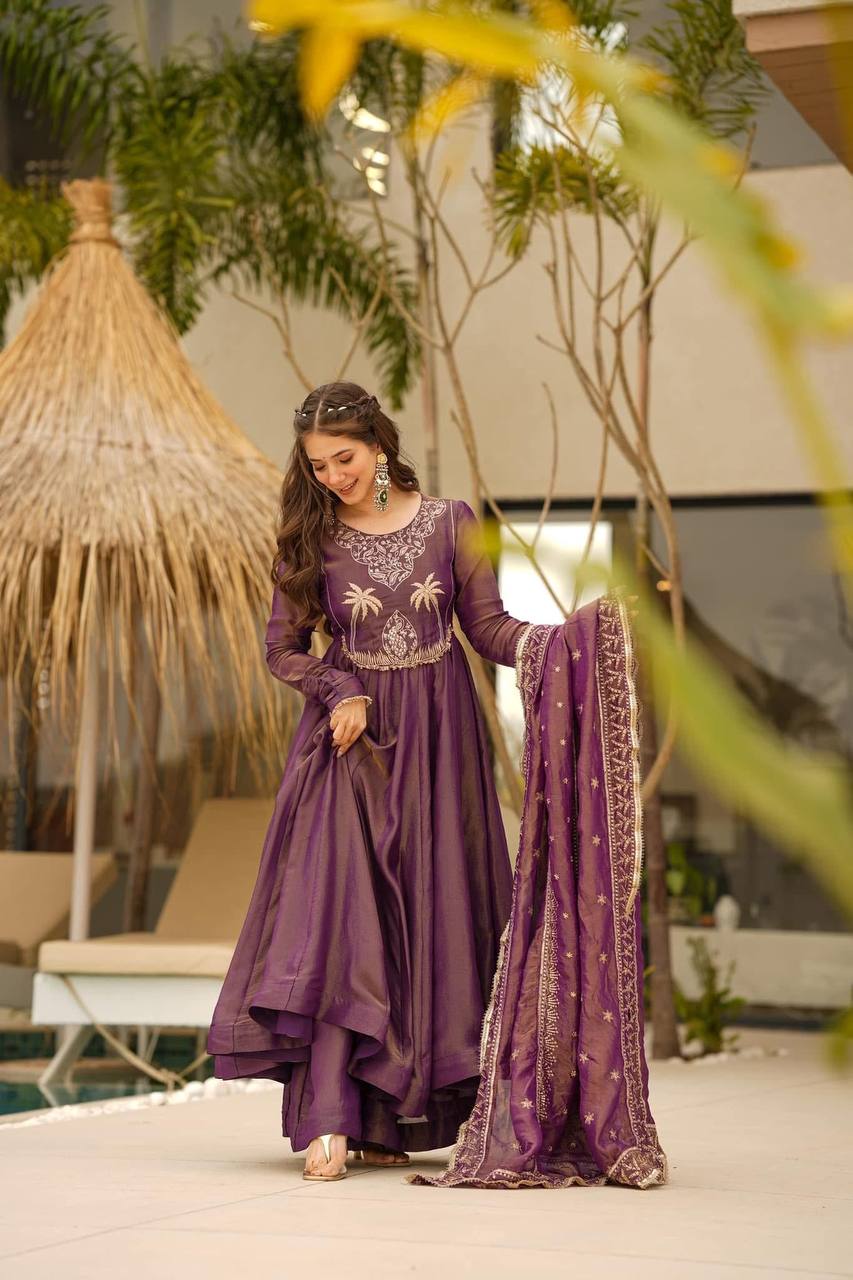 Luxury Partywear Gown with Palazzo & Embroidered Dupatta