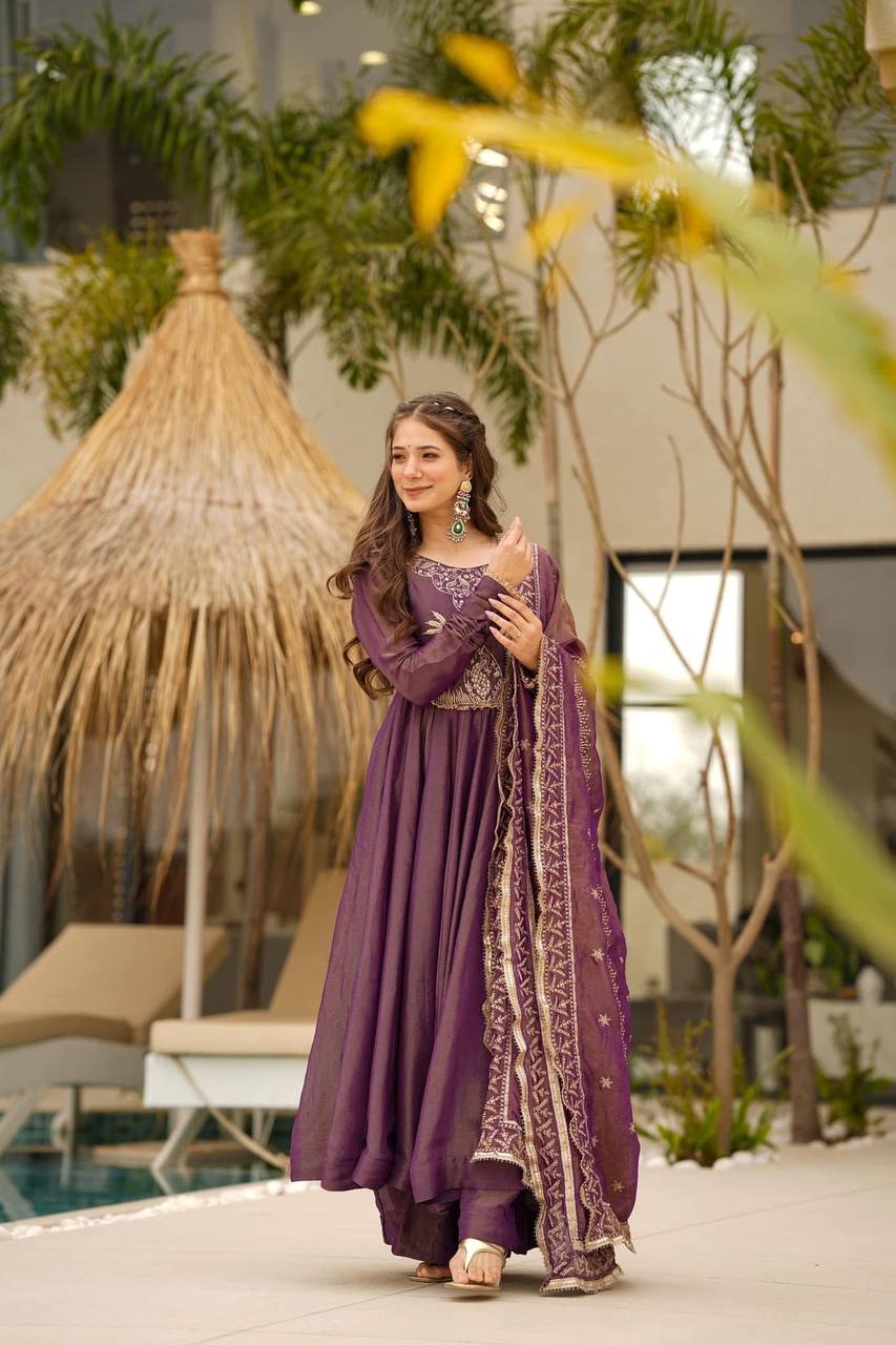 Luxury Partywear Gown with Palazzo & Embroidered Dupatta